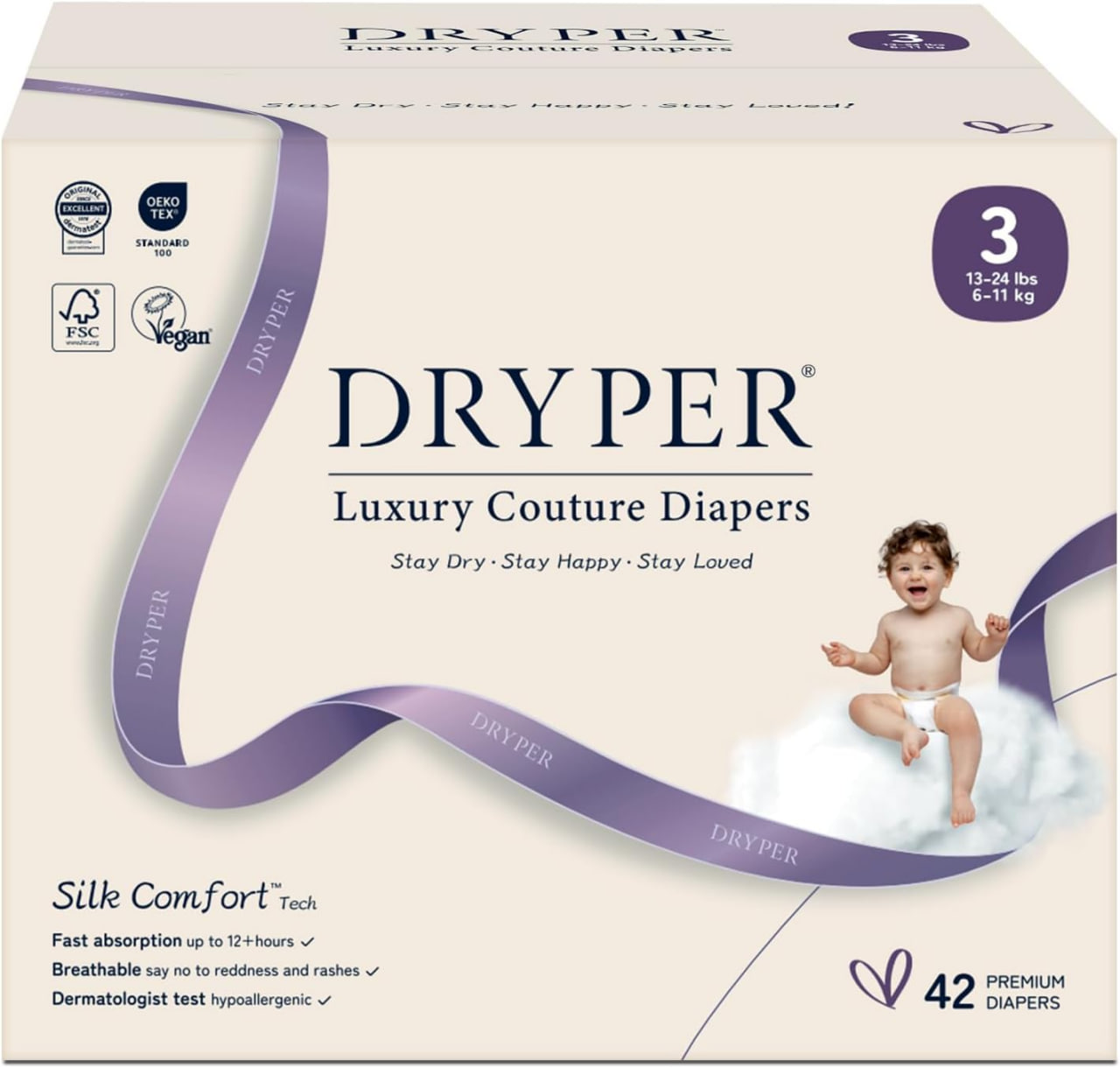 婴儿尿布，DRYPER 一次性尿布，新生儿尿布，3号（6-11公斤），3D防漏侧边和尿湿显示，超柔软超薄，快速吸水，42片装