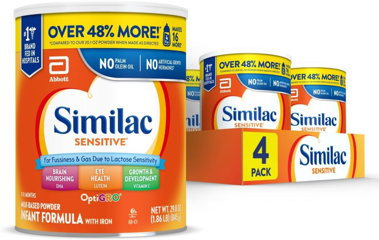 雅培Similac Sensitive婴儿配方奶粉，2段，粉状，29.8盎司（4包）