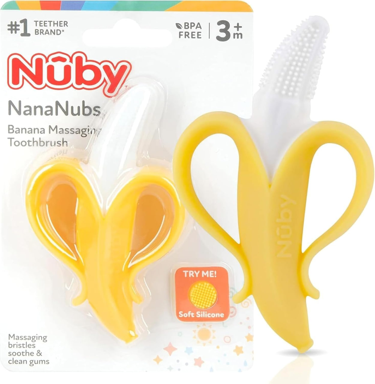Nuby Nananubs 香蕉按摩牙胶 – 适合3个月及以上宝宝的硅胶牙胶，缓解牙龈疼痛，婴儿玩具，宝宝必备用品，带刷子，旅行配件，送给宝宝的礼物