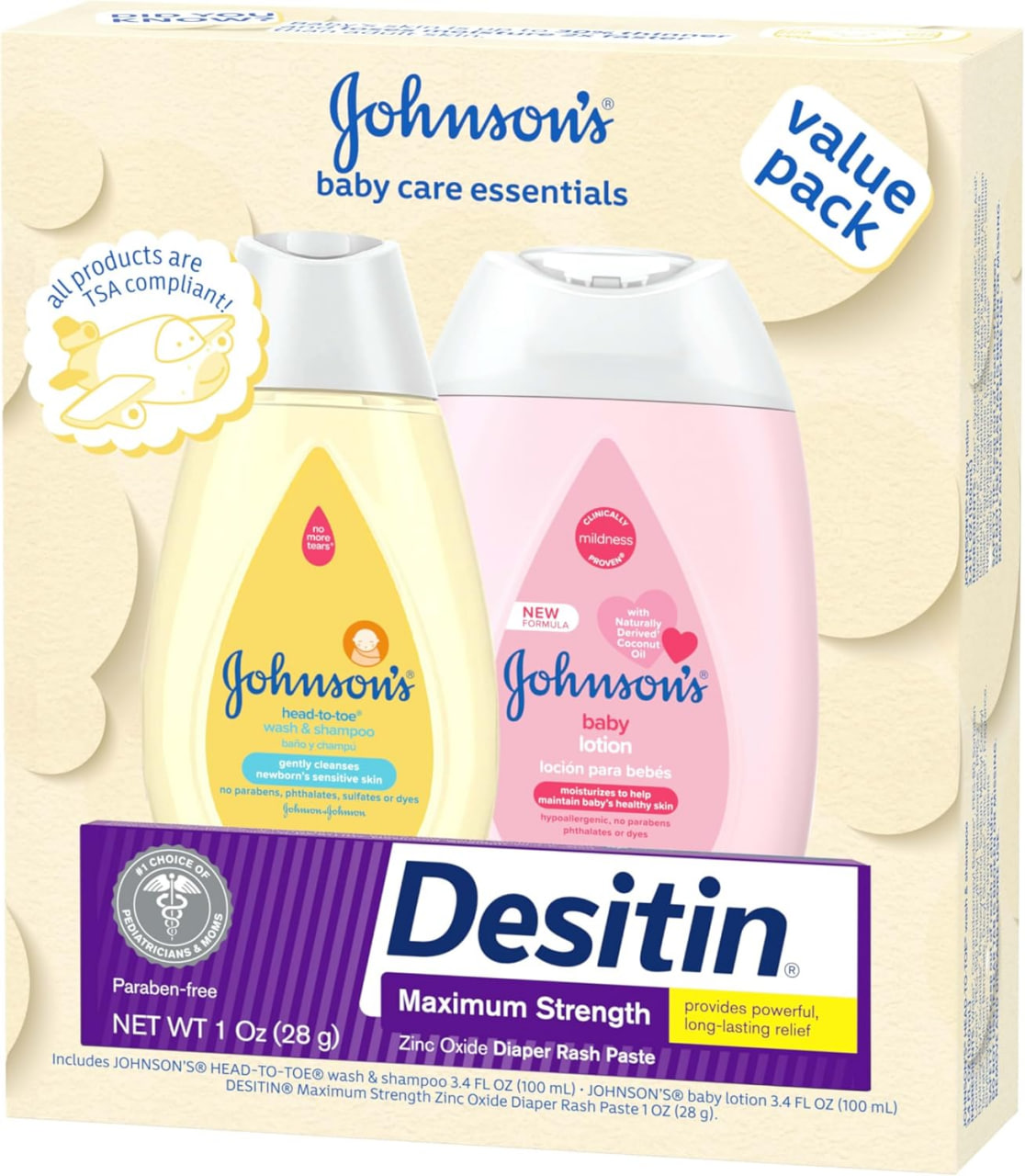 Johnson's Baby Care Essentials 礼品套装,身体乳液和氧化锌尿布疹膏,适合宝宝娇嫩肌肤,超值装,旅行装,沐浴必备品,婴儿礼品,3 件