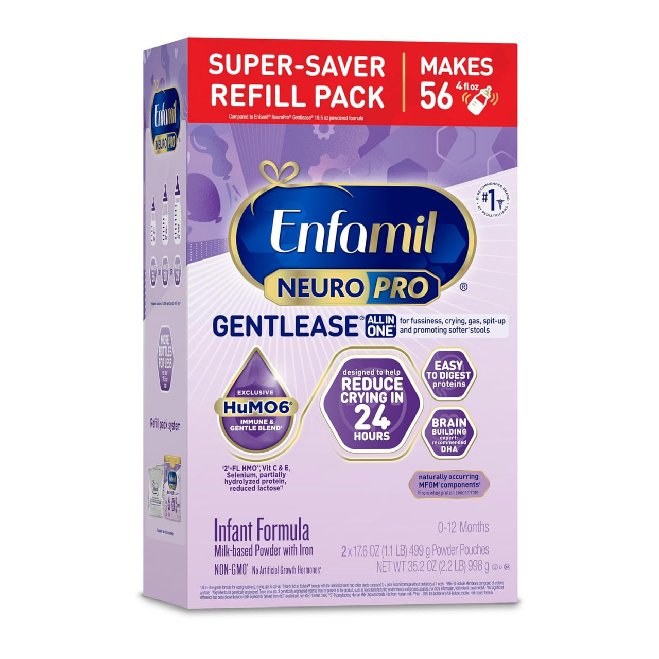 Enfamil NeuroPro Gentlease 婴儿配方奶粉，富含促进大脑发育的 DHA 和 HuMO6 免疫混合物，旨在 24 小时内减少宝宝烦躁、哭闹、胀气和吐奶，婴儿配方奶粉，35.2 盎司