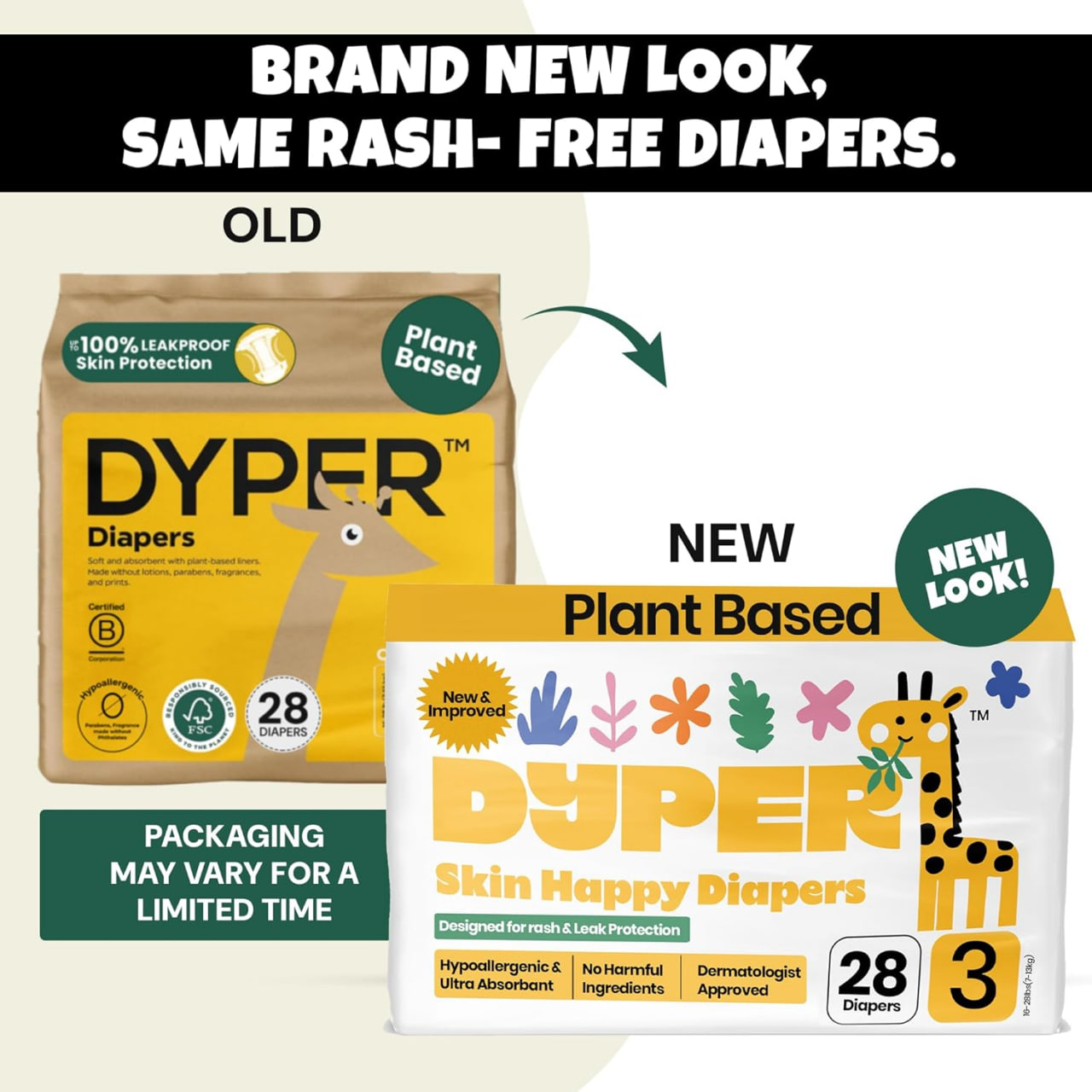 DYPER - 婴儿纸尿裤 3 号（28 片装） - 植物基一次性纸尿裤，日夜适用，优质防漏保护，亲肤舒适，3 号纸尿裤（16-28 磅）